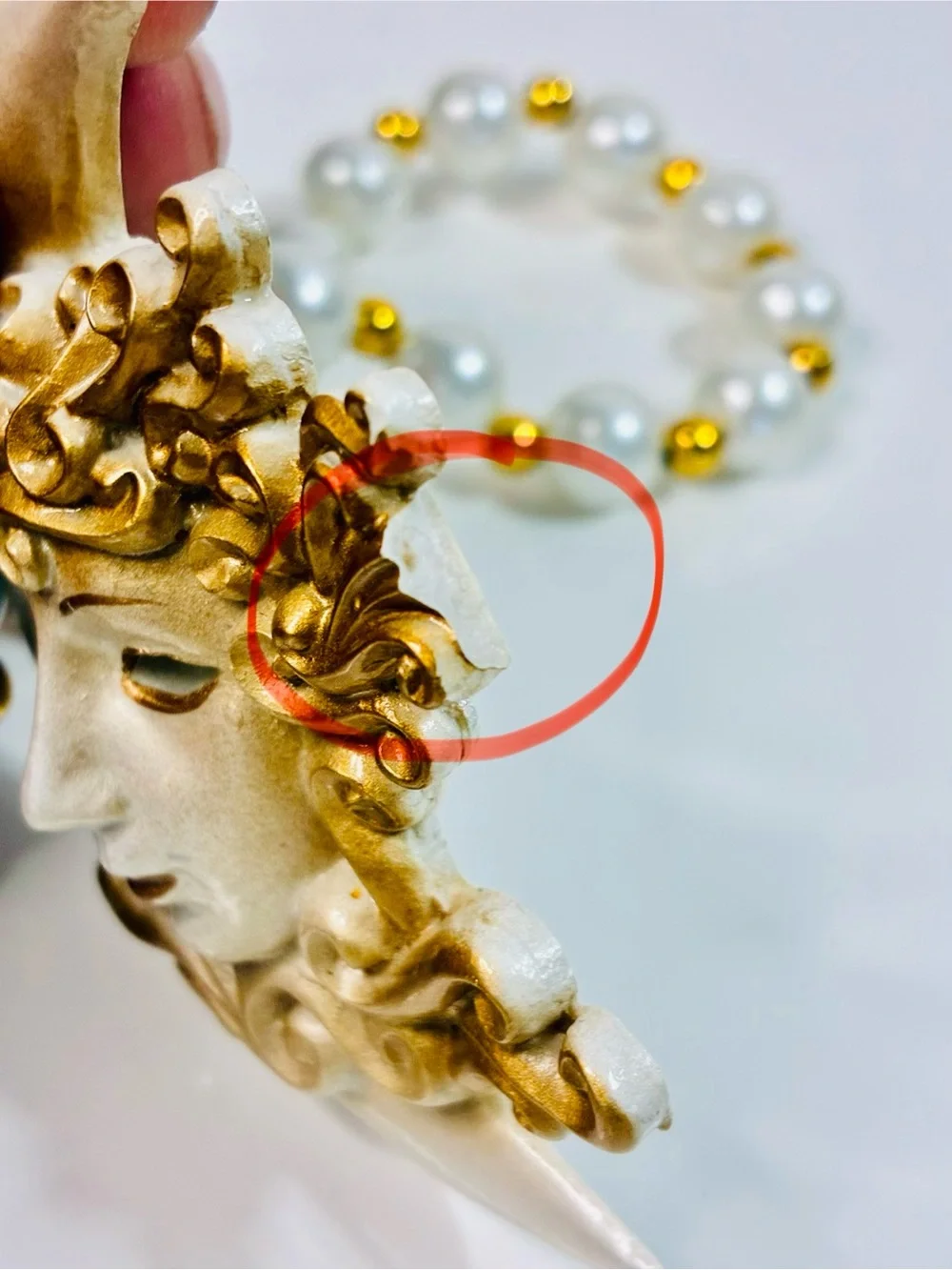 Venetian-Style Mardi Gras  White Pearl Bead Necklace with Gold Moon Mask Pendant